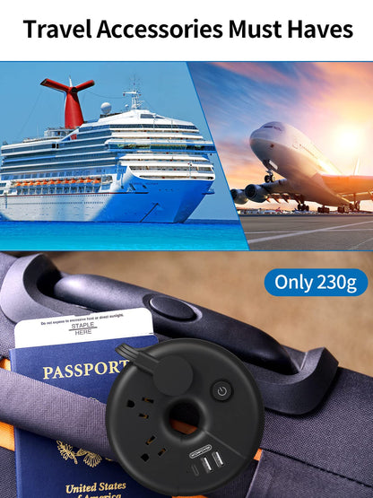 NTONPOWER Travel Power Strip With 3 USB Ports, Cruise Approved Flat Plug, 3Feet Extension Cord, On/Off Switch, Black i-Donut for Home, Hotel, Travel Cruise Ship Essentials