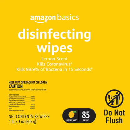 Amazon Basics Disinfecting Wipes, Lemon & Fresh Scent, Sanitizes/Cleans/Disinfects/Deodorizes, 255 Count (3 Packs of 85)
