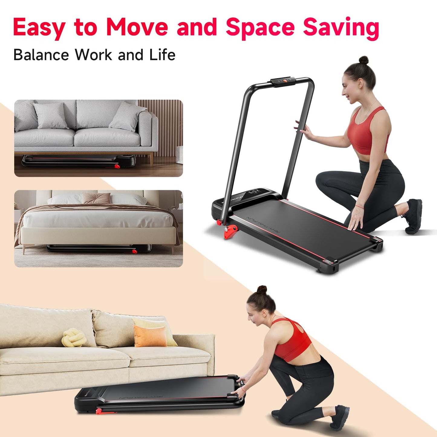 RHYTHM FUN Incline Foldable Treadmill, Walking Pad Treadmill with Incline, 300 lbs Portable Treadmills with Handles for Home Office Use, Under Desk Compact Walking pad with LED Display & APP
