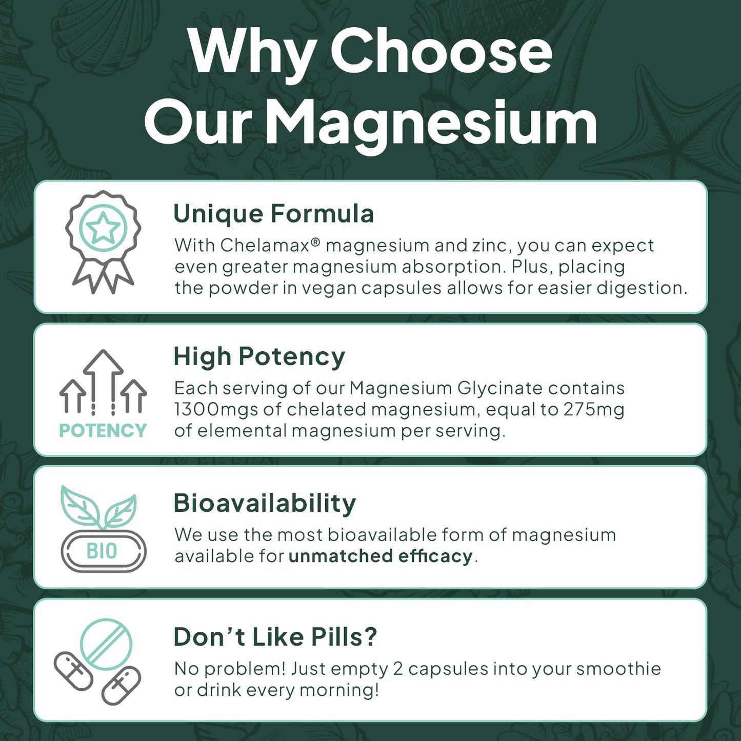 Organics Ocean Pure Magnesium Glycinate with Zinc - Maximum Strength Chelated Magnesium Supplement for Women and Men for Muscle Cramps and Sleep Support - 90 Capsules