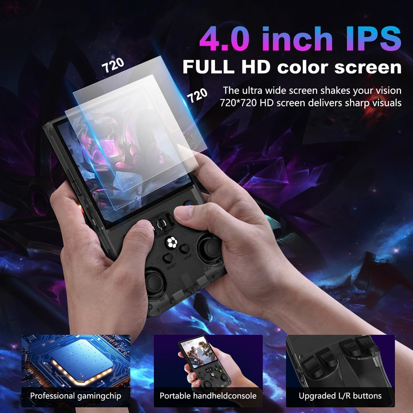 R36MAX Retro Handheld Game Console, 4.0 Inch 720x720 IPS Screen, 64GB Built-in 18,000+ Classic Game, Portable Hand Held Open Source Linux System, 4000mAh Battery Retro Gaming Console(Black 64GB)