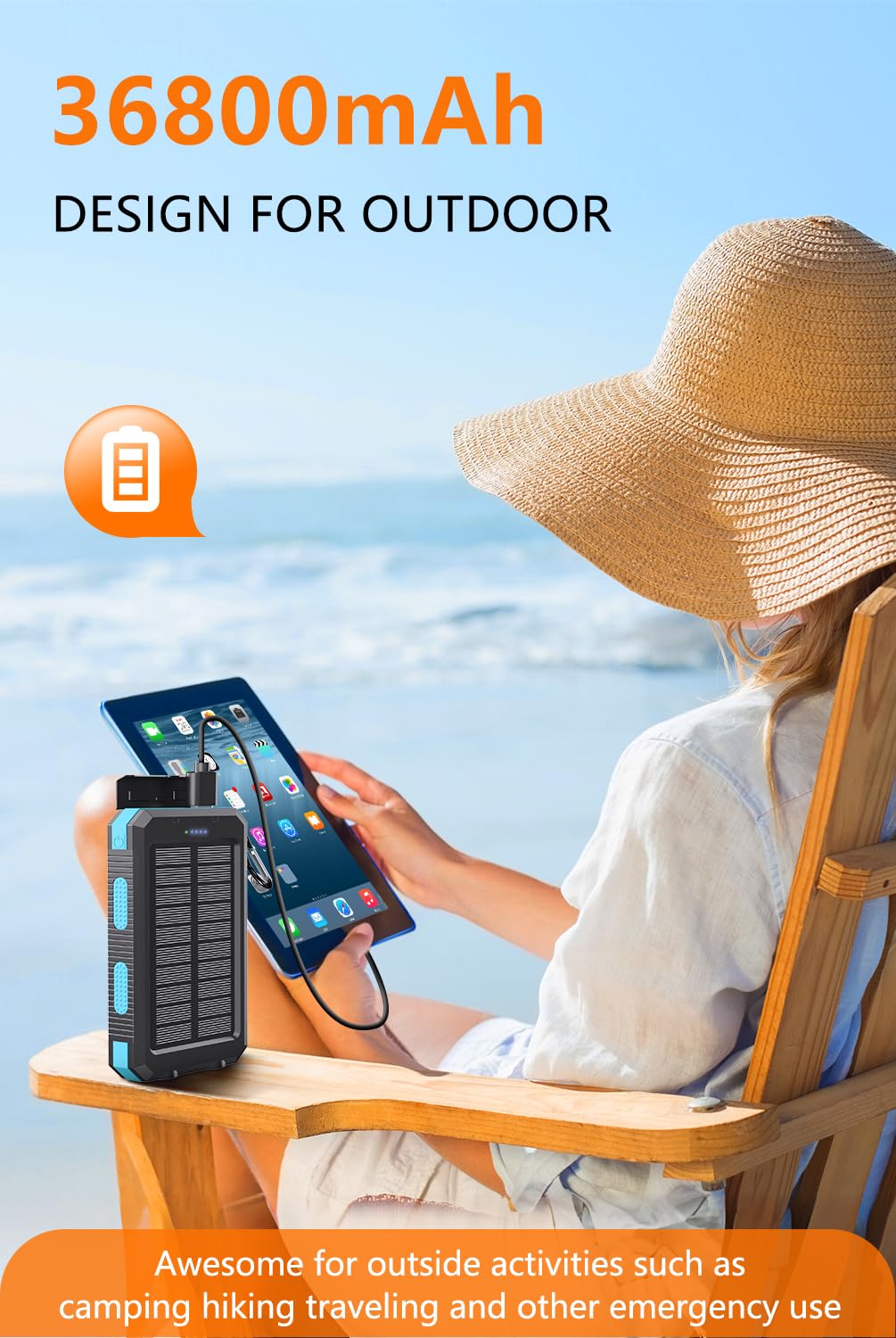 Power Bank 36800mAh Solar Portable Charger with USB-C 5V/2.4A Fast Charging Compatible with iPhone, with 2 LED Flashlights and IPX5 Waterproof External Backup Battery Pack Perfect for Camping, Hiking