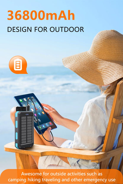Power Bank 36800mAh Solar Portable Charger with USB-C 5V/2.4A Fast Charging Compatible with iPhone, with 2 LED Flashlights and IPX5 Waterproof External Backup Battery Pack Perfect for Camping, Hiking