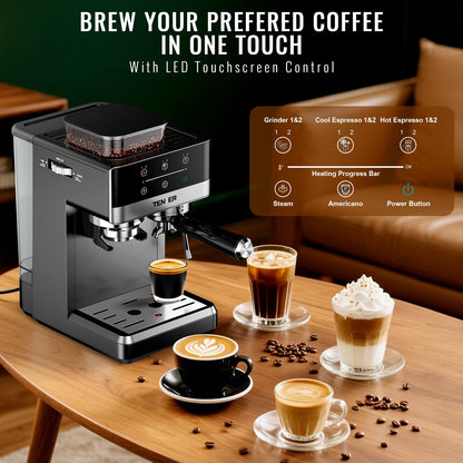 TENKER Espresso Machine with Grinder, 20 Bar Coffee Machine with Milk Frother for Home, All-in-One Stainless Steel Coffee Maker to Make Latte, Cappuccino, Hot or Cold Brew Iced Coffee