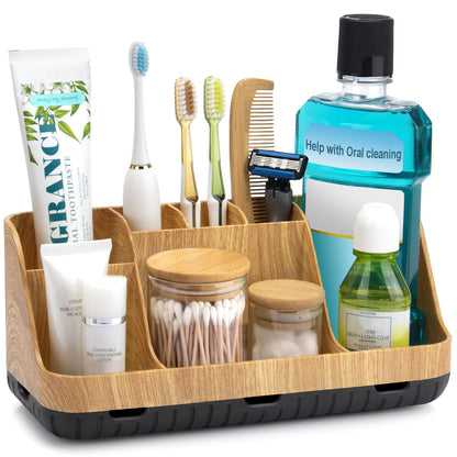 GFWARE Bathroom Organizers and Storage - Detachable 7 Slots Kids Electric Toothbrush and Toothpaste Holde Drainage for Bathroom Accessories Organization Counter Vanity Storage, Wood