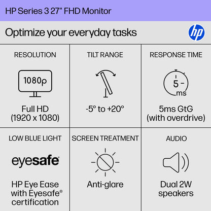 HP Series 3 27 inch FHD Monitor, Full HD Display (1920 x 1080), IPS Panel, 1300:1 Contrast Ratio, 250 Nits, Eye Ease with Eyesafe Certification, Black, 327se (2025)