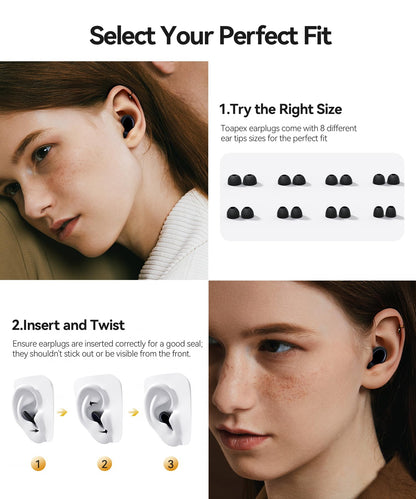 Ear Plugs for Sleeping 45dB Noise Cancelling Ear Plugs for Noise Reduction & Snoring, Concerts, Earplugs for Sleep, Sider Sleepers Airplane, Silicone Earplugs Reusable Concert Ear Plug +8Tip Black