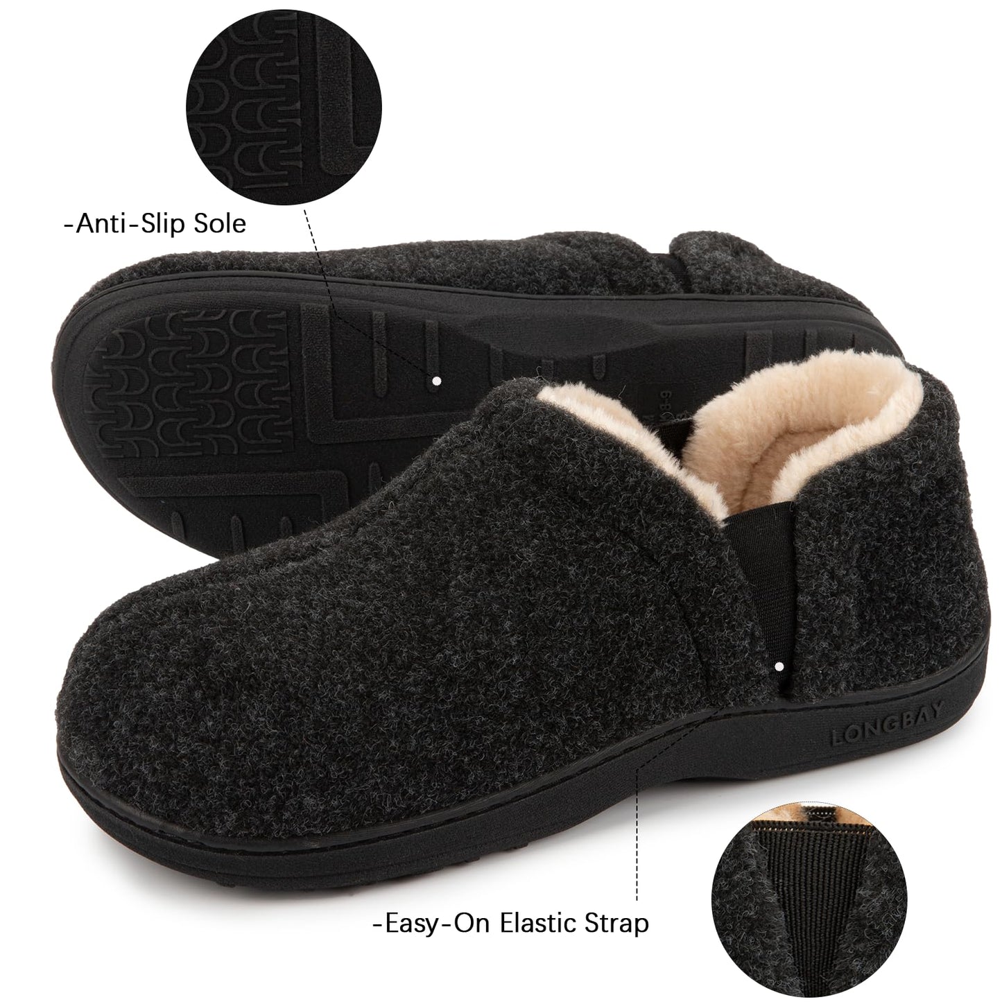 LongBay Men's Slippers Warm Bedroom Memory Foam House Shoes Slip-On for Indoor Outdoor Winter (Black, 7-8)