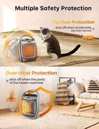 Electactic Portable Ceramic Space Heater w/Thermostat, 1500W Indoor Electric Space Heater Fan with Overheat and Tip-Over Protection, Heat Up 200 Square Feet for Office Room Dorm Use, Silver