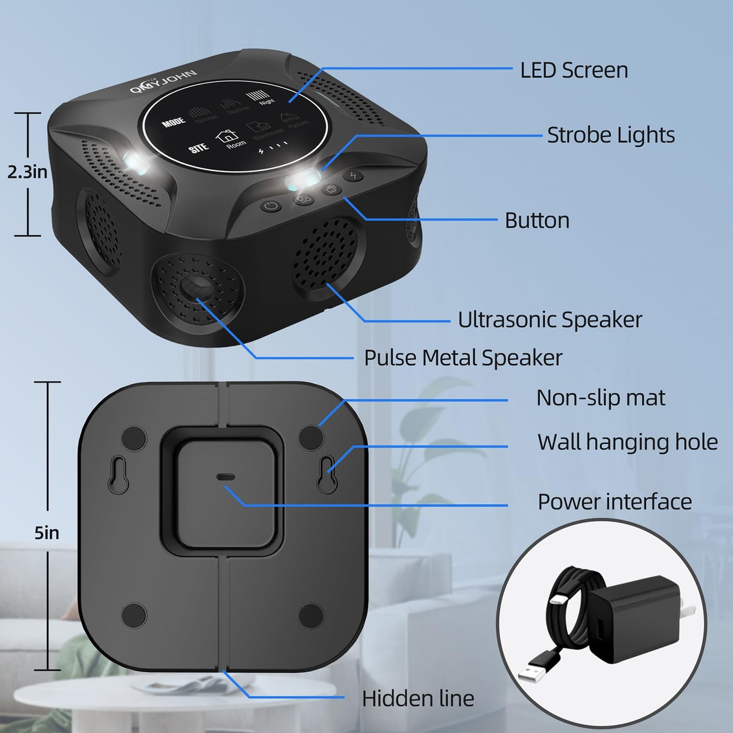 LED Display-Ultrasonic Pest Repeller Indoor,Multi-Mode Variable Frequency,with LED Strobe Light,Squirrel Repellent for House,Prevent Adaptation.Suitable for Houses,attics,garages,etc.