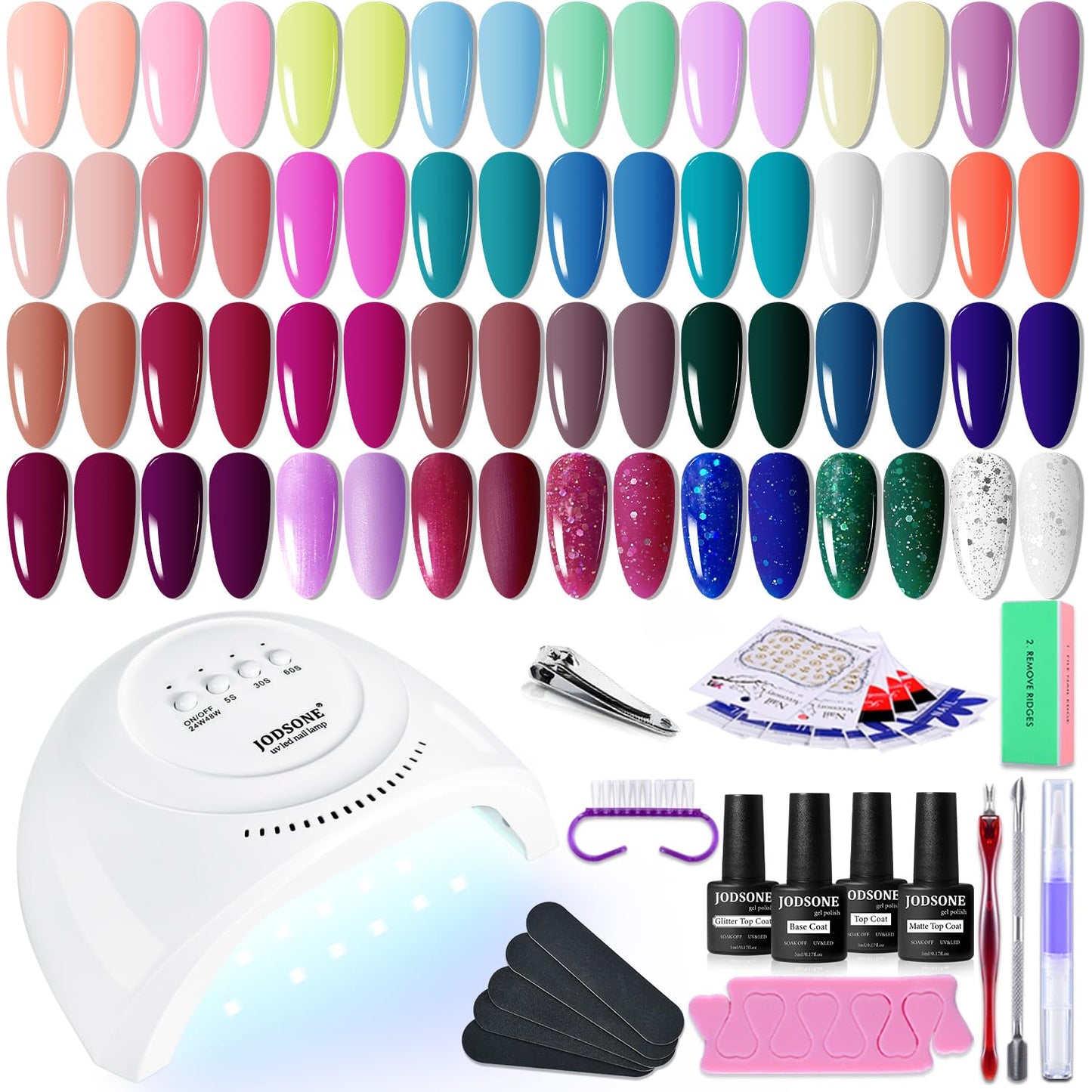 JODSONE 36 PCS Gel Nail Polish Starter Kit UV Light and Dark Series Gel Nail Set No Wipe Base Matte and Glossy Top Coat All Kinds of Manicure Tools