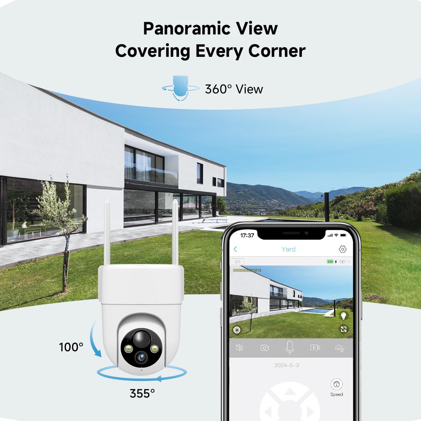 Oculview 2K Solar Security Cameras Wireless Outdoor, 2PCS Outdoor Camera Wireless with 360° View, Cameras for Home Security with Color Night Vision/2-Way Audio, 2.4GHz Wi-Fi Only