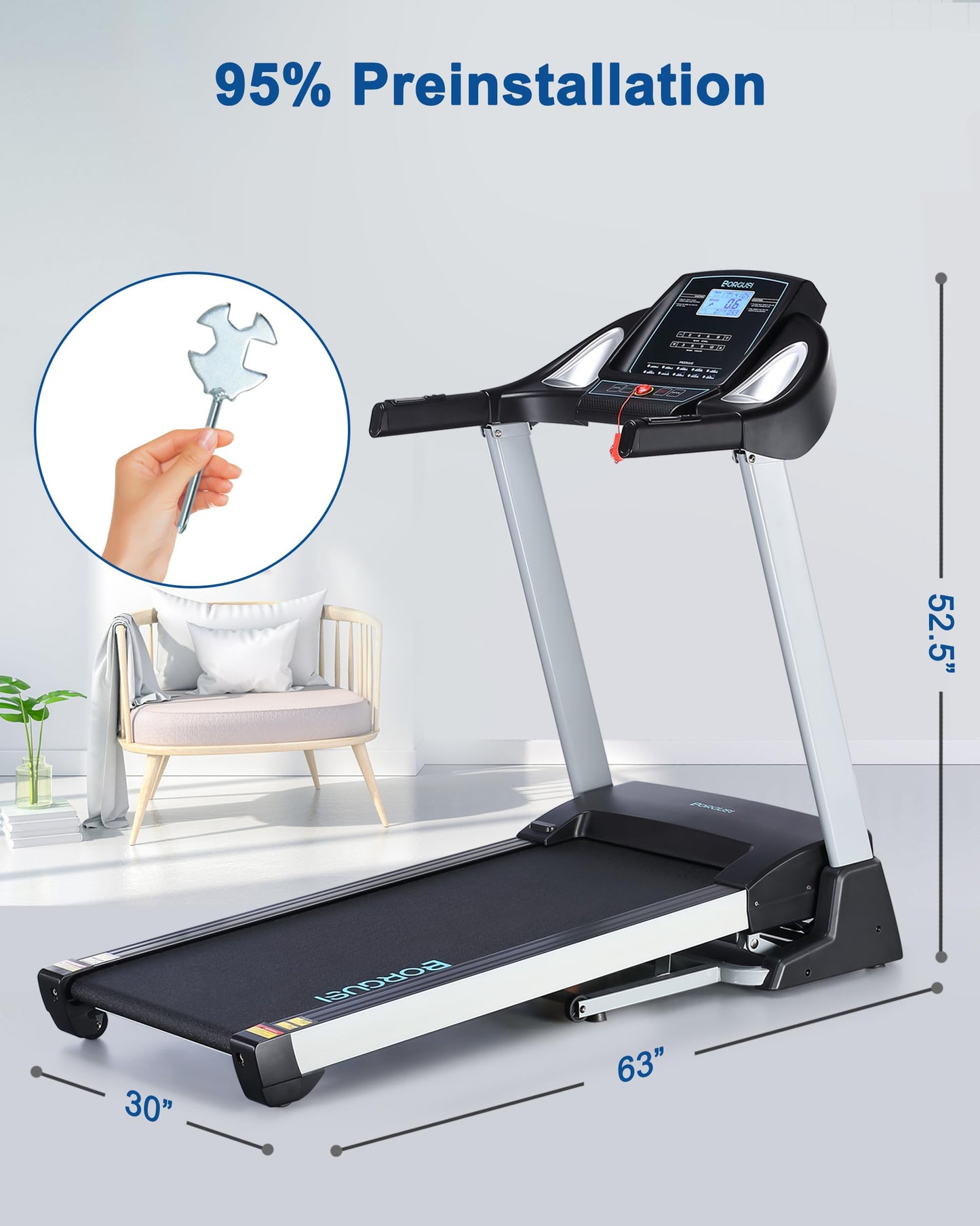 BORGUSI Treadmill with 15% Auto Incline - 350 LBS Capacity, 3.5HP Electric Folding Treadmill Up to 10MPH Speed, Running Machine with 20" Wide Tread Belt & LCD Display for Home Use, Bluetooth Speaker