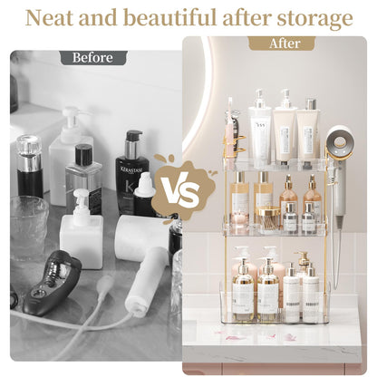 shuang qing Bathroom Counter Organizer with Hair Dryer Holder, Hair Tool Countertop Storage, Cosmetics Skincare Shelf Organizer, Makeup Organizer Perfume for Dresser Vanity Tray(3 Tier-White)