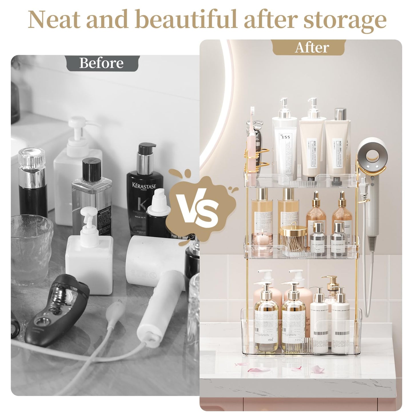 shuang qing Bathroom Counter Organizer with Hair Dryer Holder, Hair Tool Countertop Storage, Cosmetics Skincare Shelf Organizer, Makeup Organizer Perfume for Dresser Vanity Tray(3 Tier-White)