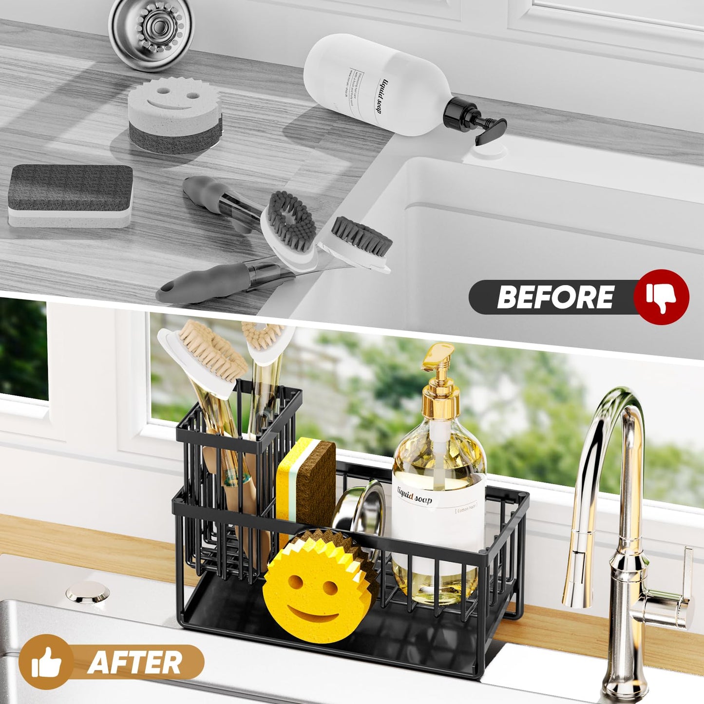 Sponge Holder for Kitchen Sink,Smiley Face Sink Caddy with Removable Brush Holder,Self-Draining Sponge Caddy for Steel Wool Scrubber,Soap,Dish Brush,Scrubber,Kitchen Essentials and Gadgets