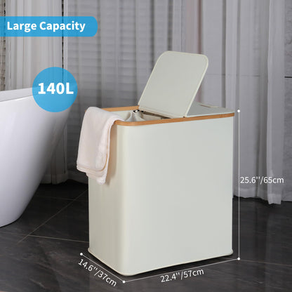 efluky Laundry Hamper with Lid, Double Laundry Hamper with 2 Removable Bags, 2 Section Laundry Basket with Bamboo Handles for Bathroom, Bedroom & Laundry Room, 140L (36.9 Gallon) Beige