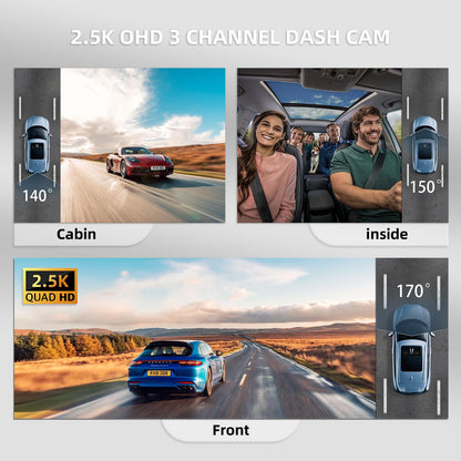 3 Channel Dash Cam Front and Rear Inside,2560x1440P Front Dash Cam,Free 64G SD Card,3.18" IPS Large Screen Dash Camera for Cars,IR Night Vision, Interior Car Camera 24/7 Driving Recording(Black