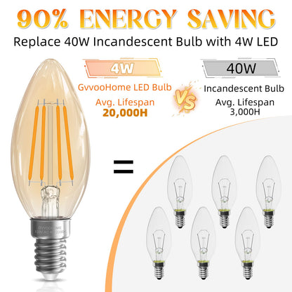 GvvooHome 40 watt Candelabra Light Bulbs, Chandelier Light Bulbs Non-Dimmable E12 LED Bulb, 2200K Amber Warm, B10 Candle Light Bulbs, 90+CRI, 400LM, Amber Glass Finish, 6 Pack