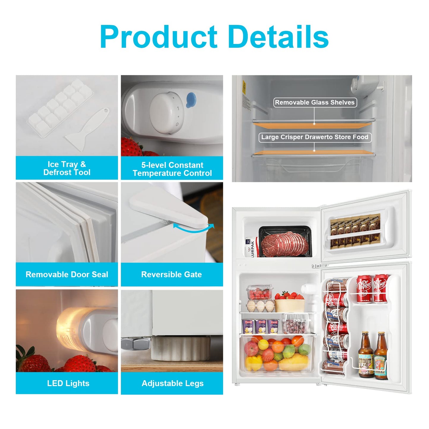 BANGSON Mini Fridge with Freezer, 2 Door Small Refrigerator with Freezer, Mini Fridge for Bedroom, 3.2 CU.FT, For Home, Office, Dorm, Garage or RV, (White)