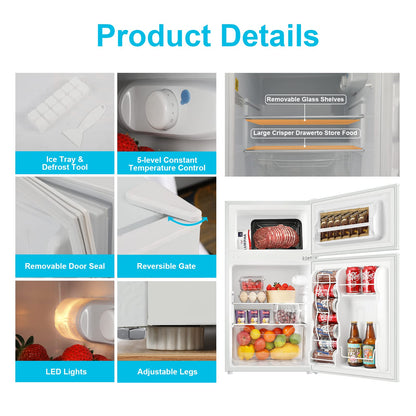 BANGSON Mini Fridge with Freezer, 2 Door Small Refrigerator with Freezer, Mini Fridge for Bedroom, 3.2 CU.FT, For Home, Office, Dorm, Garage or RV, (White)