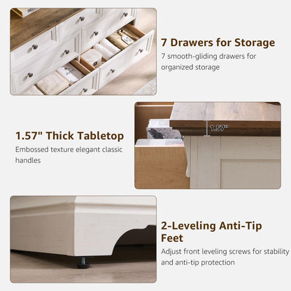 T4TREAM Farmhouse 7 Drawers Dresser for Bedroom, 54" Wide Wood Rustic Chest of Drawers w/Roman Column, Wooden Storage Dressers Organizer for Bedroom, Living Room, Closet, Antique White