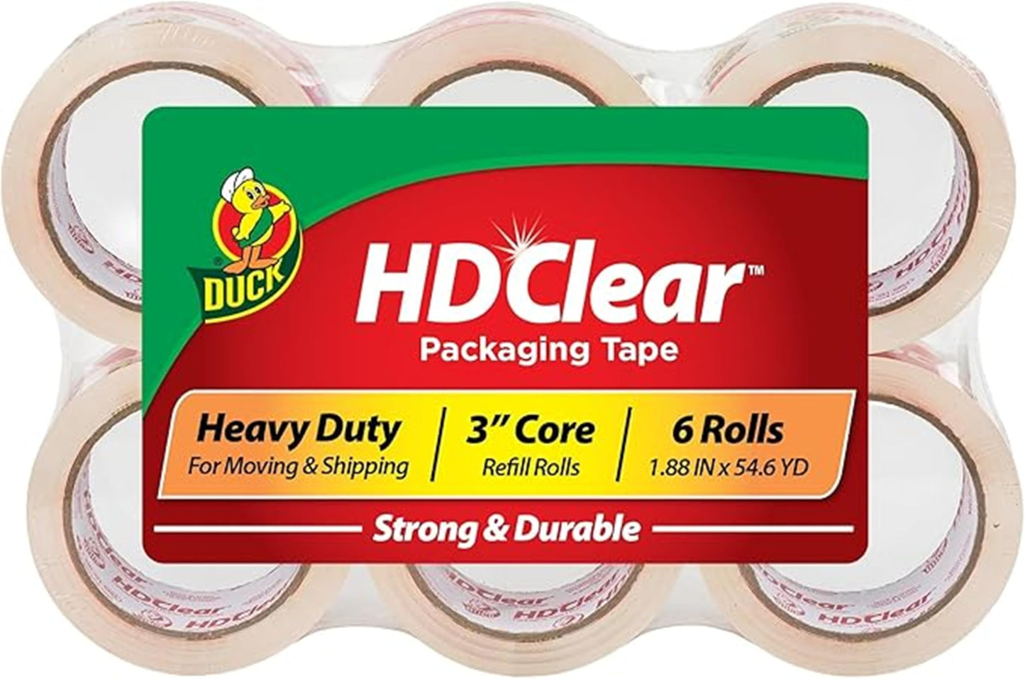 Duck HD Clear Packing Tape Refills - 6 Rolls of Strong Heavy Duty Packing Tape for Shipping and Moving, Boxes and Packaging - 1.88 In. x 54.6 Yards - 3" Core - Clear (441962)