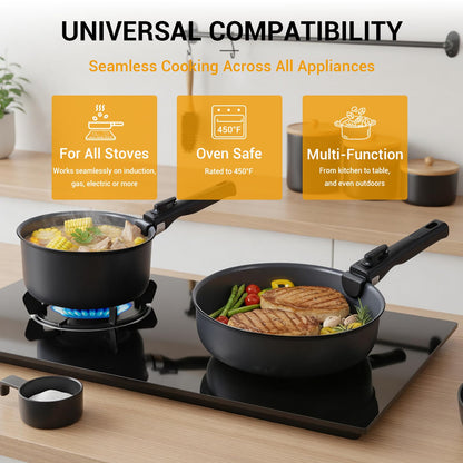 Ammeloo 18 Pcs Ceramic Pots and Pans Set Non Stick Kitchen Cookware Set with Detachable Handle, Non Toxic Cooking Set with Removable Handle for RVs, Camping, Fridge, Dishwasher/Oven Safe