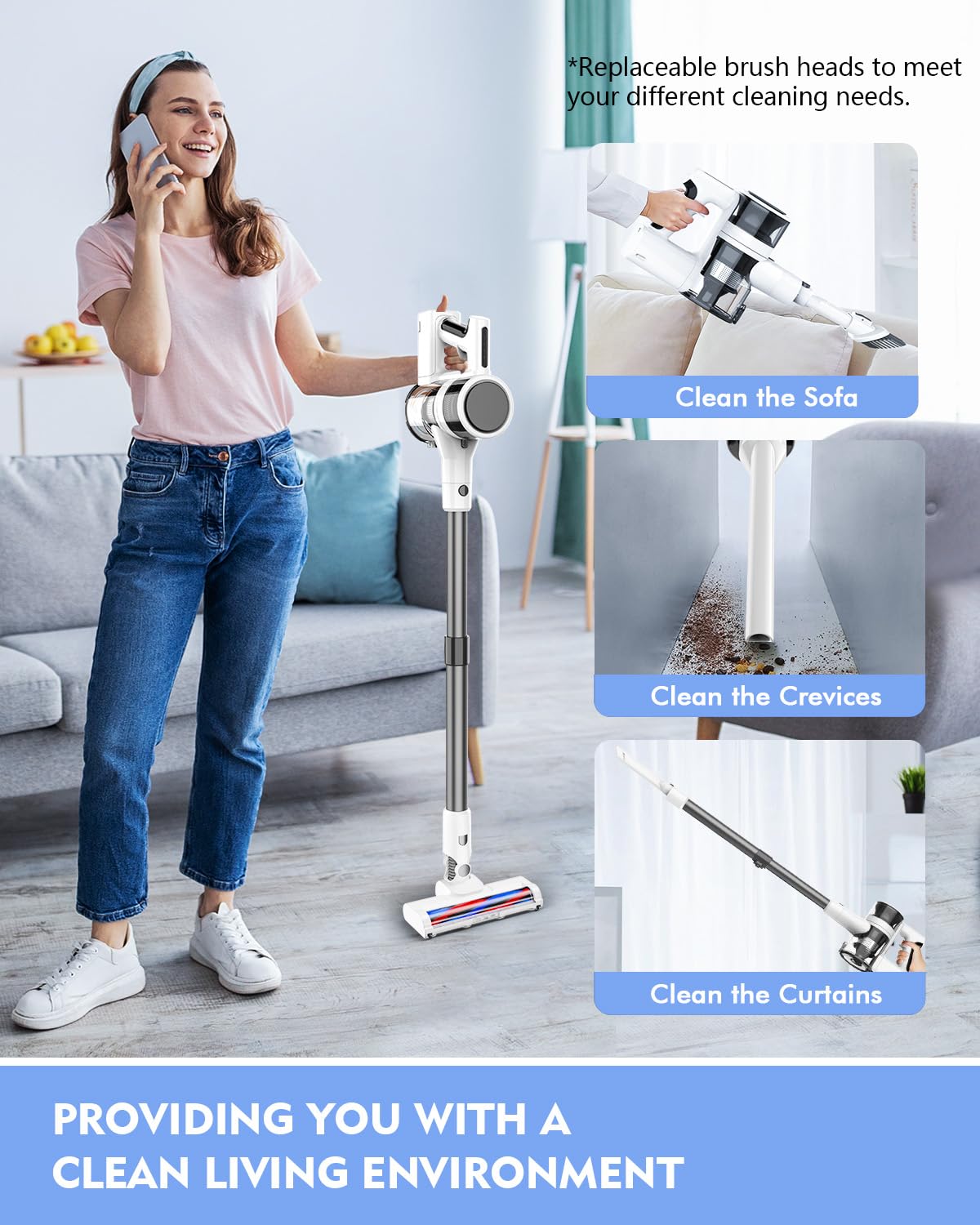 Comvtu Cordless Vacuums, 80,000PRM Powerful Motor Vacuum Cleaner and 2200mAH Rechargeable Battery up to 35 Mins Worktime, 2 Adjustable Modes, Detachable Parts, Wireless Stick Vacuum (Sliver White)