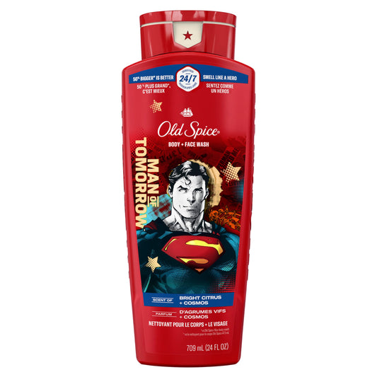 Old Spice Body Wash for Men, Superman: Man of Tomorrow, 3X Defense, 24/7 Shower Fresh with Lasting Scent, Cleansing 2-in-1 Body & Face Wash, Smell Like a Hero, Bright Citrus and Cosmos Scent, 24 oz