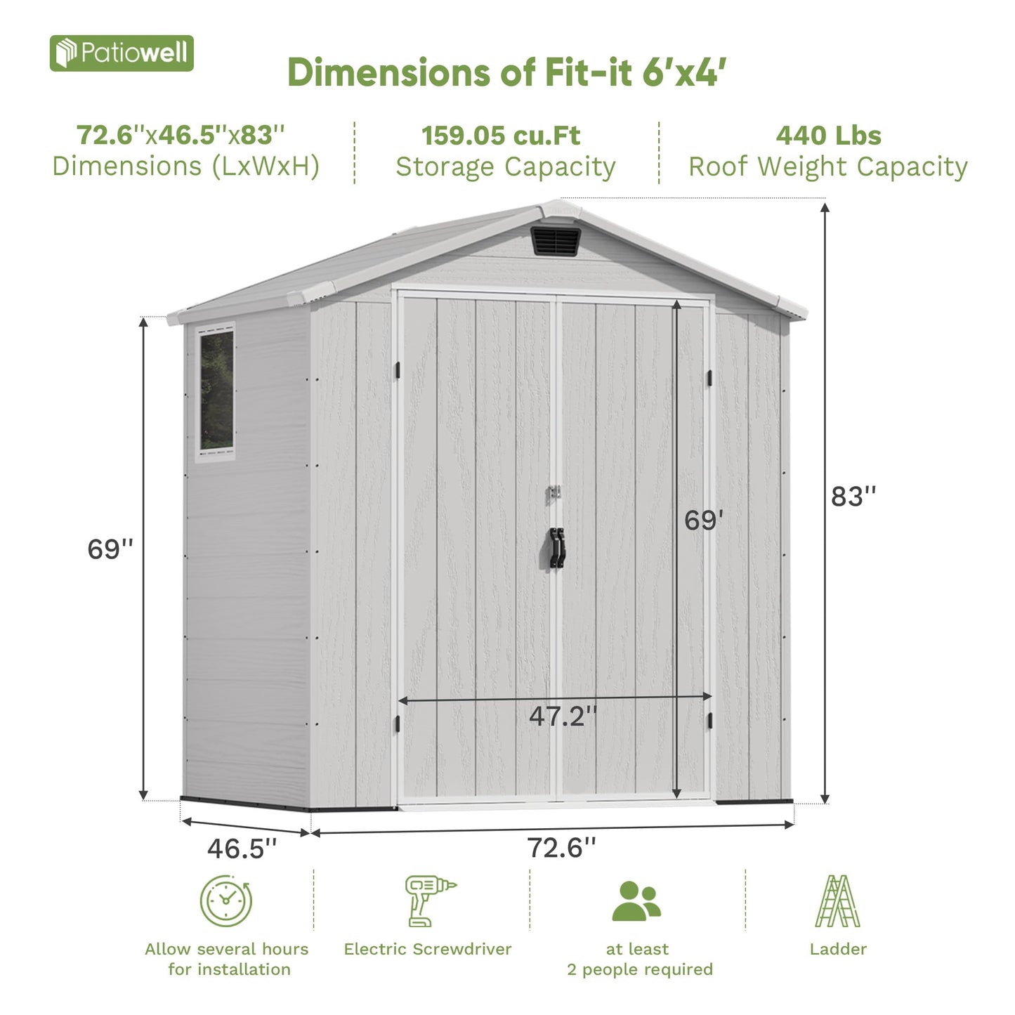Patiowell 6 x 4 FT Plastic Outdoor Storage Shed with Floor, Resin Outside Tool Shed with Window and Lockable Door for Garden, Backyard, Tool Storage Use, Easy to Install, Light Grey