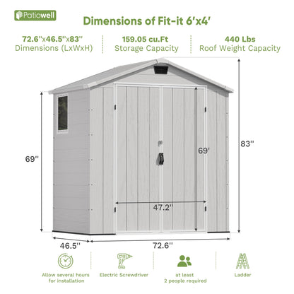 Patiowell 6 x 4 FT Plastic Outdoor Storage Shed with Floor, Resin Outside Tool Shed with Window and Lockable Door for Garden, Backyard, Tool Storage Use, Easy to Install, Light Grey