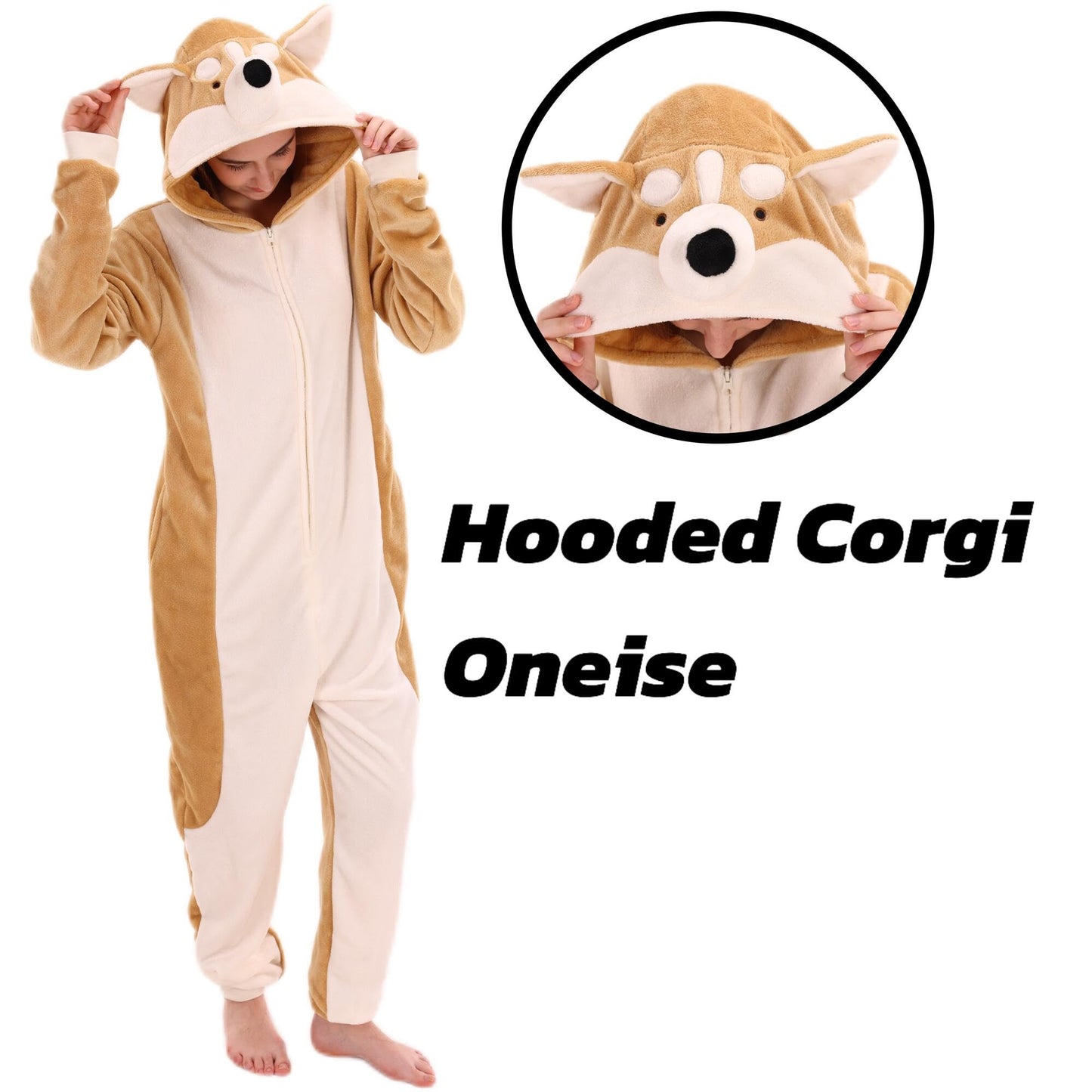 COSUSKET Snug Fit Unisex Adult Onesie Pajamas, Animal Flannel Cosplay Corgi One Piece Halloween Costume Sleepwear Homewear