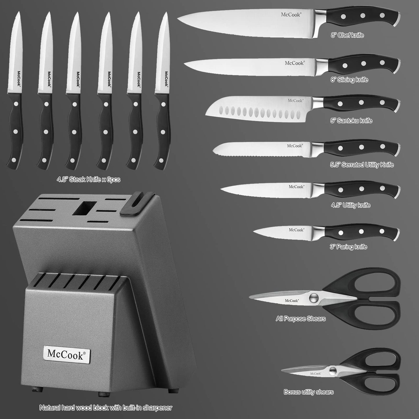 McCook® Knife Sets,German Stainless Steel Kitchen Knife Block Set with Built-in Sharpener