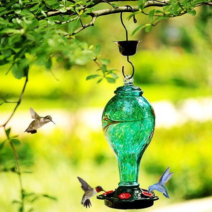 LUJII Hummingbird Feeder, Hand Blown Glass Hummingbird Feeder, Never Fade, 36 Fluid Ounces, 5 Feeding Metal Stations, Much Bigger, Garden Backyard Decorative, Containing Ant Moat (Blue)