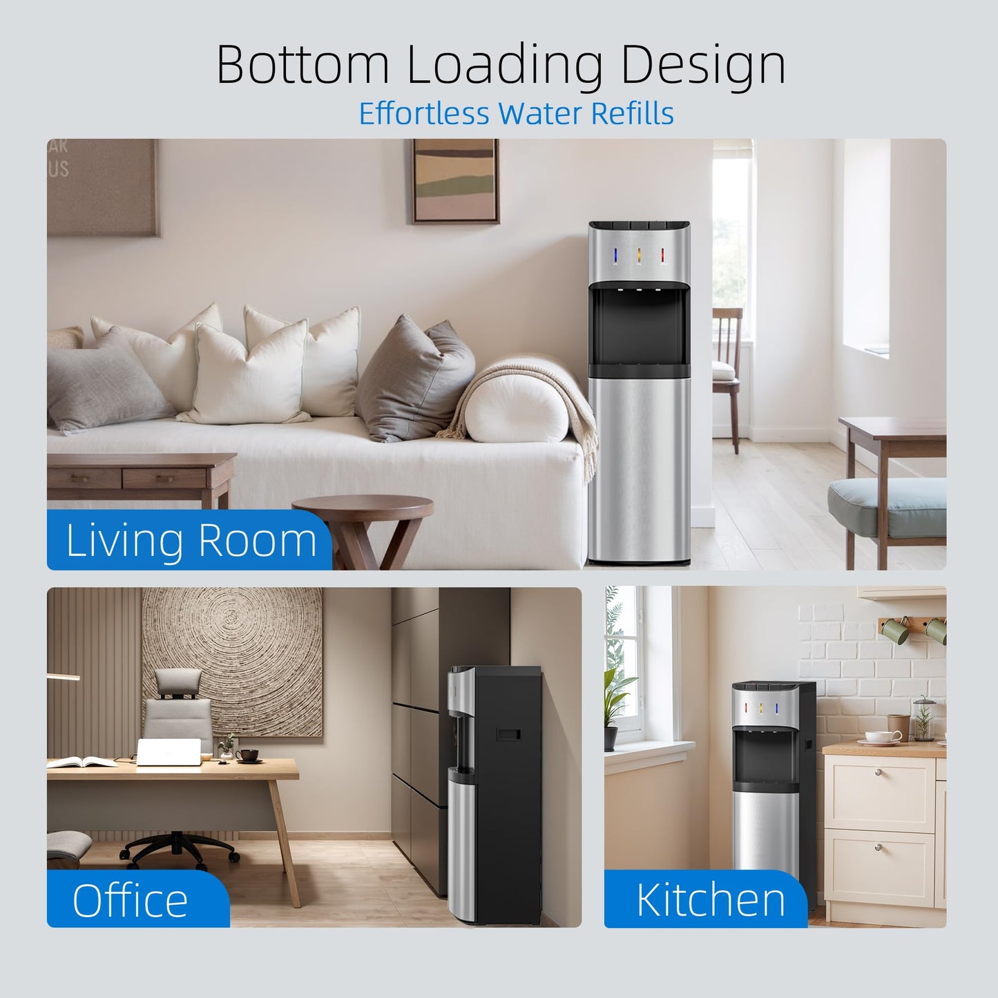 Manastin Bottom Loading Water Cooler Dispenser for 3-5 Gallon Bottles, 3 Temperature - Hot, Cold & Room Water with Child Lock, Ideal Design for Home & Office, Mirror Silver