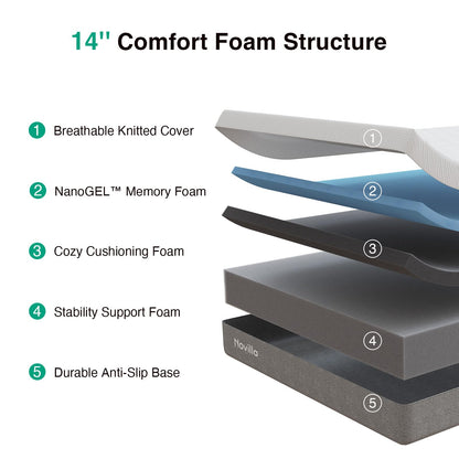 Novilla 14 Inch King Size Memory Foam Mattress in a Box, Pressure Relieving & Plush Comfort, Bliss, Grey