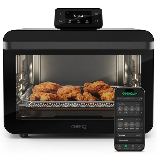 CHEF iQ MiniOven Smart Toaster Oven Air Fryer Combo, 11-in-1 Countertop Convection Oven, Bake, Broil, Air Fry, Broil, Dehydrate, 1750W, 25 Qt Capacity, Fast Cooking with Touchscreen Controls – Black