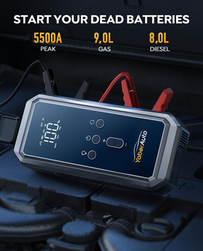 YaberAuto 8-in-1 Jump Starter with Air Compressor 5500A 150PSI Portable Car Battery Jump Starter (9L Gas/8L Diesel), 12V Jump Box Car Battery Jumper Starter Portable with Jumper Cables, 160W DC Out