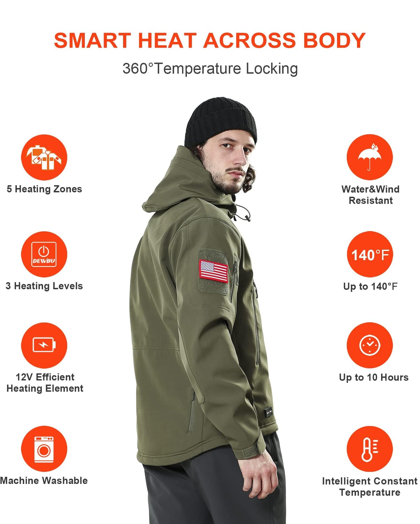 DEWBU Heated Jacket for Men with 12V Battery Pack Winter Outdoor Soft Shell Electric Heating Coat, Men's Olive Green, S