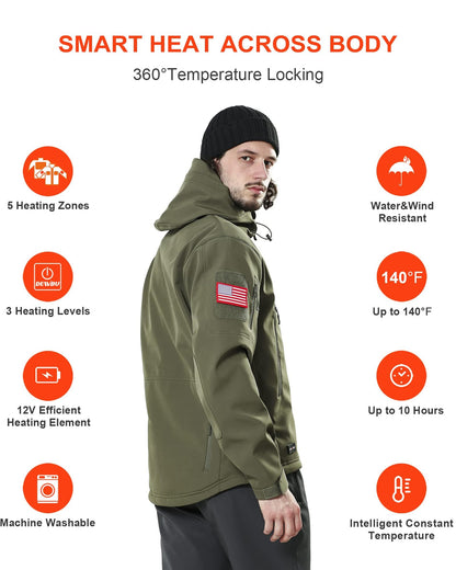 DEWBU Heated Jacket for Men with 12V Battery Pack Winter Outdoor Soft Shell Electric Heating Coat, Men's Olive Green, S