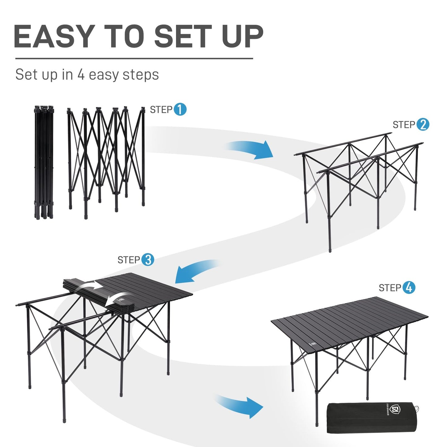 EVER ADVANCED Camping Table, Fold up Lightweight, 4-6 Person Portable Roll up Aluminum Table with Carry Bag for Outdoor, Support Up to 110LBS, Black