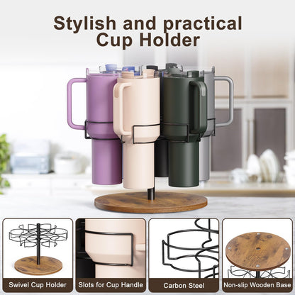 Yeuslor Water Bottle Organizer for Stanley 40 oz Tumbler with Handle, Rotatable Stanley Cup Organizer Holder, Kitchen Organizers and Storage for Stanley Cup Accessories, Wooden Base(Black)