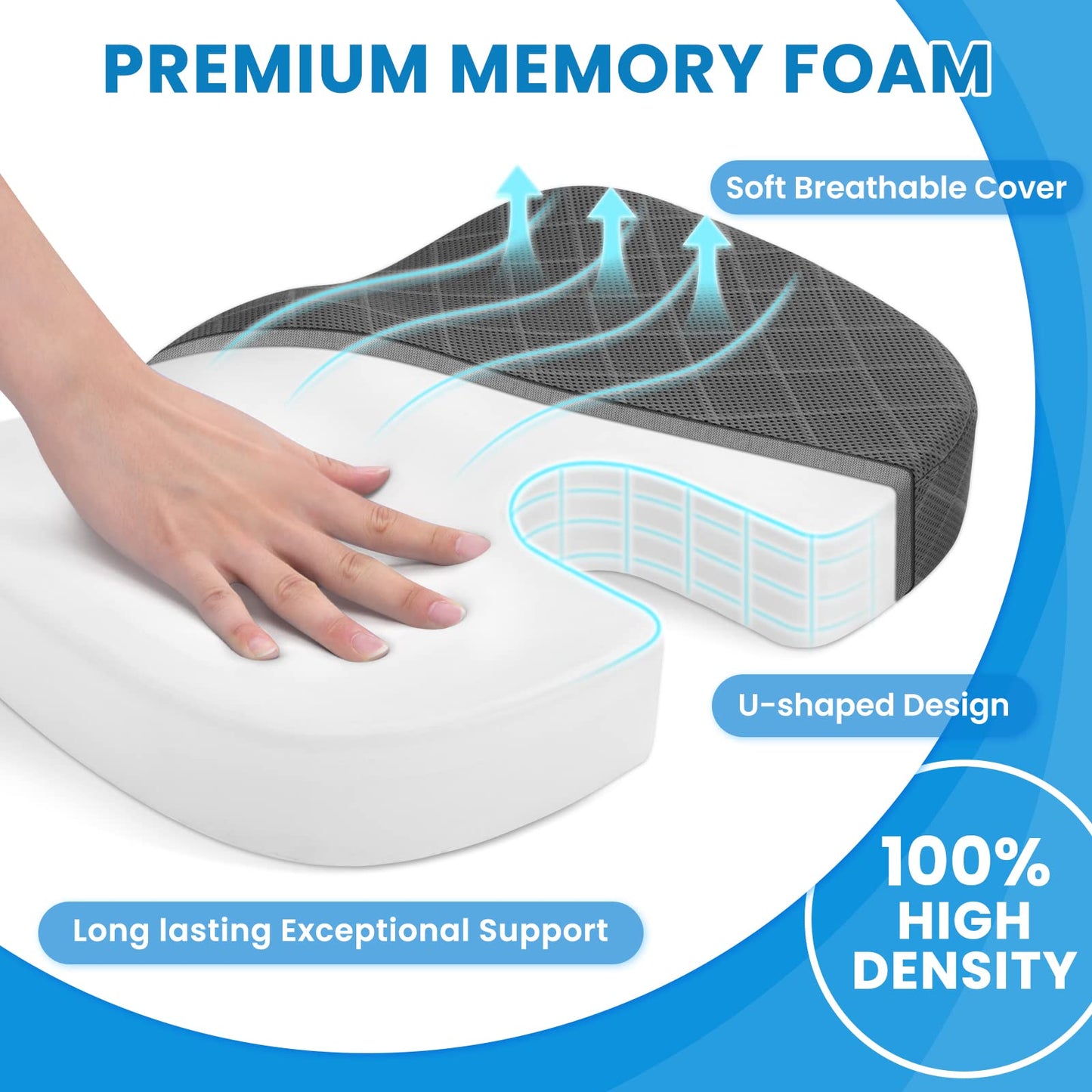 TushGuard Seat Cushion - Memory Foam Cushion for Office Chair, Car Seat, Airplane, Bleacher - Sciatica & Hip & Coccyx Pain Relief Desk Chair Cushion for Long Sitting Office Workers, Car Drivers