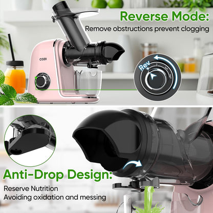 COZII Cold Press Juicer,Slow Masticating Juicer Extractor Soft/hard Mode,3.6 Inch Large Feeder For Vegetable and Fruit,Easy to Clean Juicer Machines Quiet Motor,Dishwasher Safe (Pink)