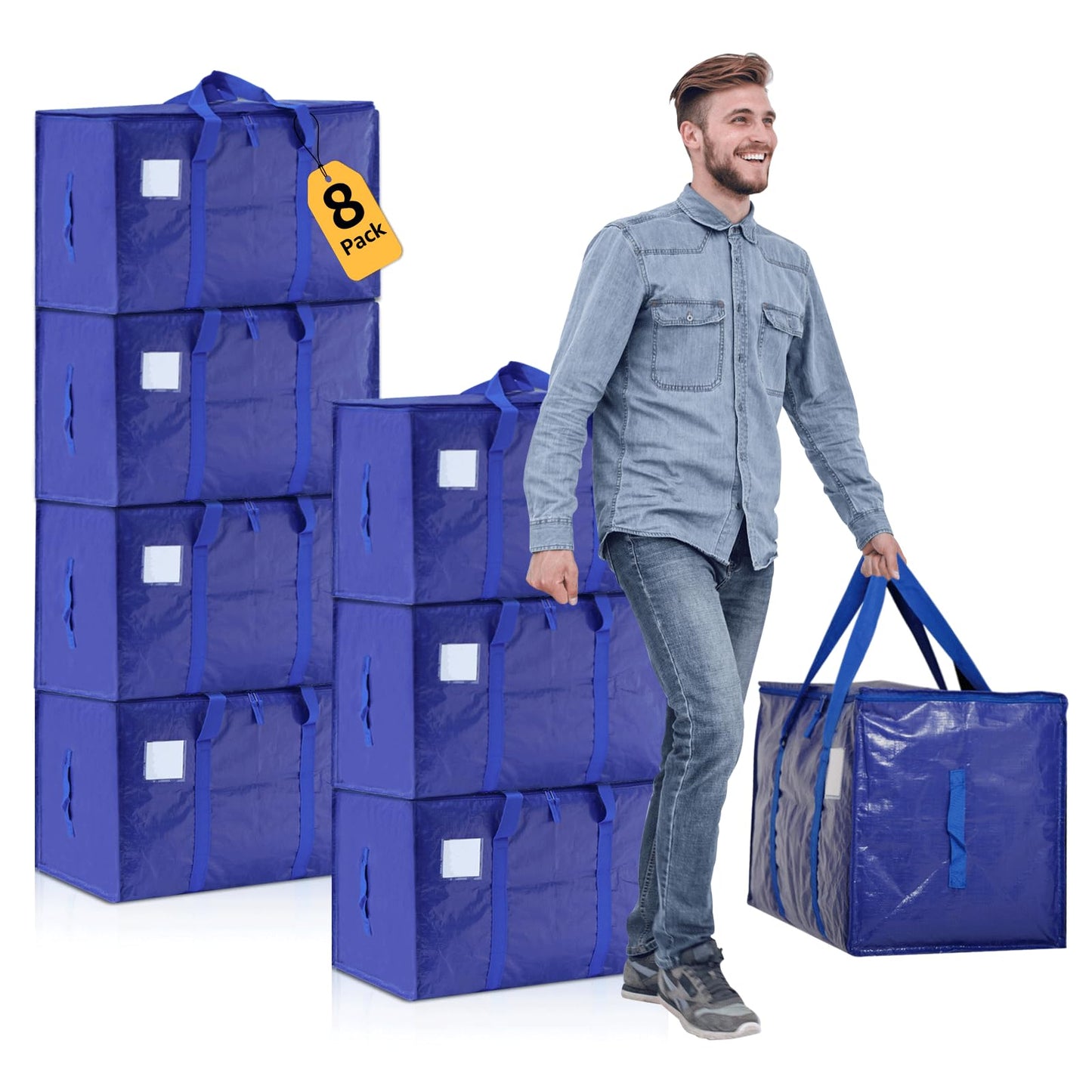 Moving Bags Heavy Duty Extra Large, Moving Boxes, Moving Supplies Essentials, Blue Storage Bins with Lids, Plastic Packing Totes, Storage Bags for Clothes with Handles & Zippers(Blue, 8 Pack)