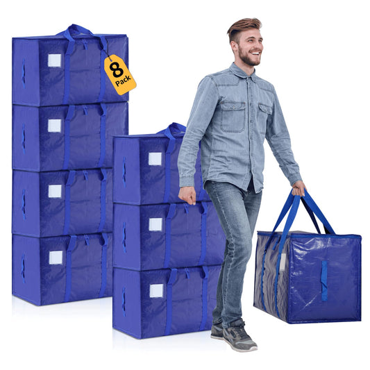 Moving Bags Heavy Duty Extra Large, Moving Boxes, Moving Supplies Essentials, Blue Storage Bins with Lids, Plastic Packing Totes, Storage Bags for Clothes with Handles & Zippers(Blue, 8 Pack)