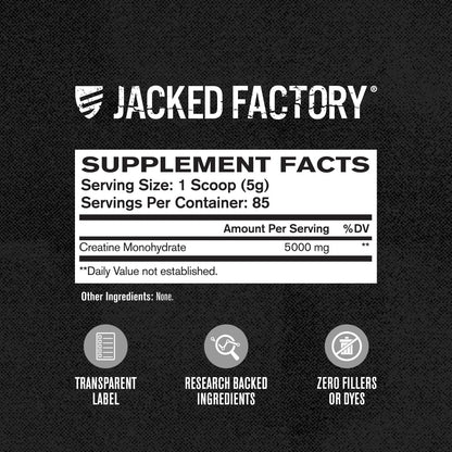 Jacked Factory Creatine Monohydrate Powder 425g - Creatine Supplement for Muscle Growth, Increased Strength, Enhanced Energy, & Improved Athletic Performance 85 Servings, Unflavored