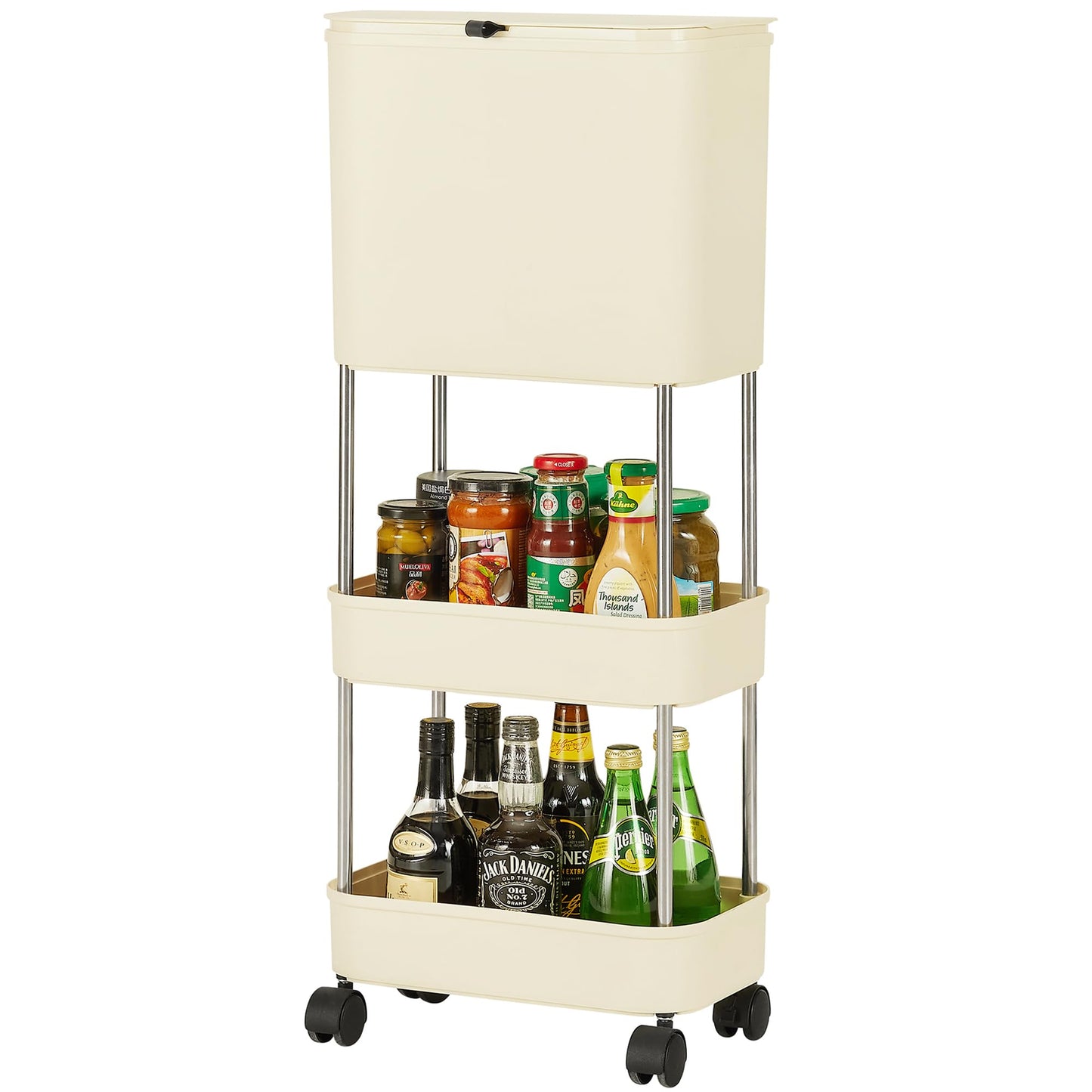 VECELO Kitchen Trash Can with Lid, Garbage Bin with Storage Rack, Dog Proof Narrow Waste Basket for Bathroom, Bedroom, Living Room, Office, White