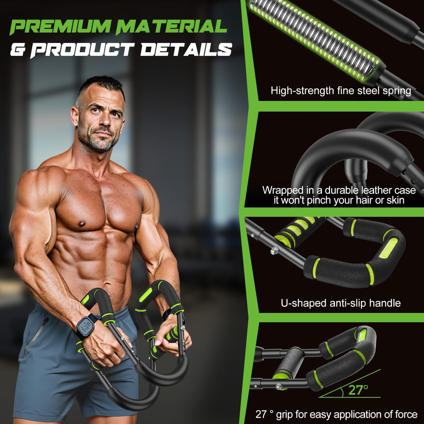 Vanlgs Twister Arm Trainer for Men, Chest Workout Equipment 5-Level Adjustable (40-130lb) with Ergonomic 27° Targets Biceps/Clip/Thigh, Portable Exerciser for Home Gym Travel Fitness, Green